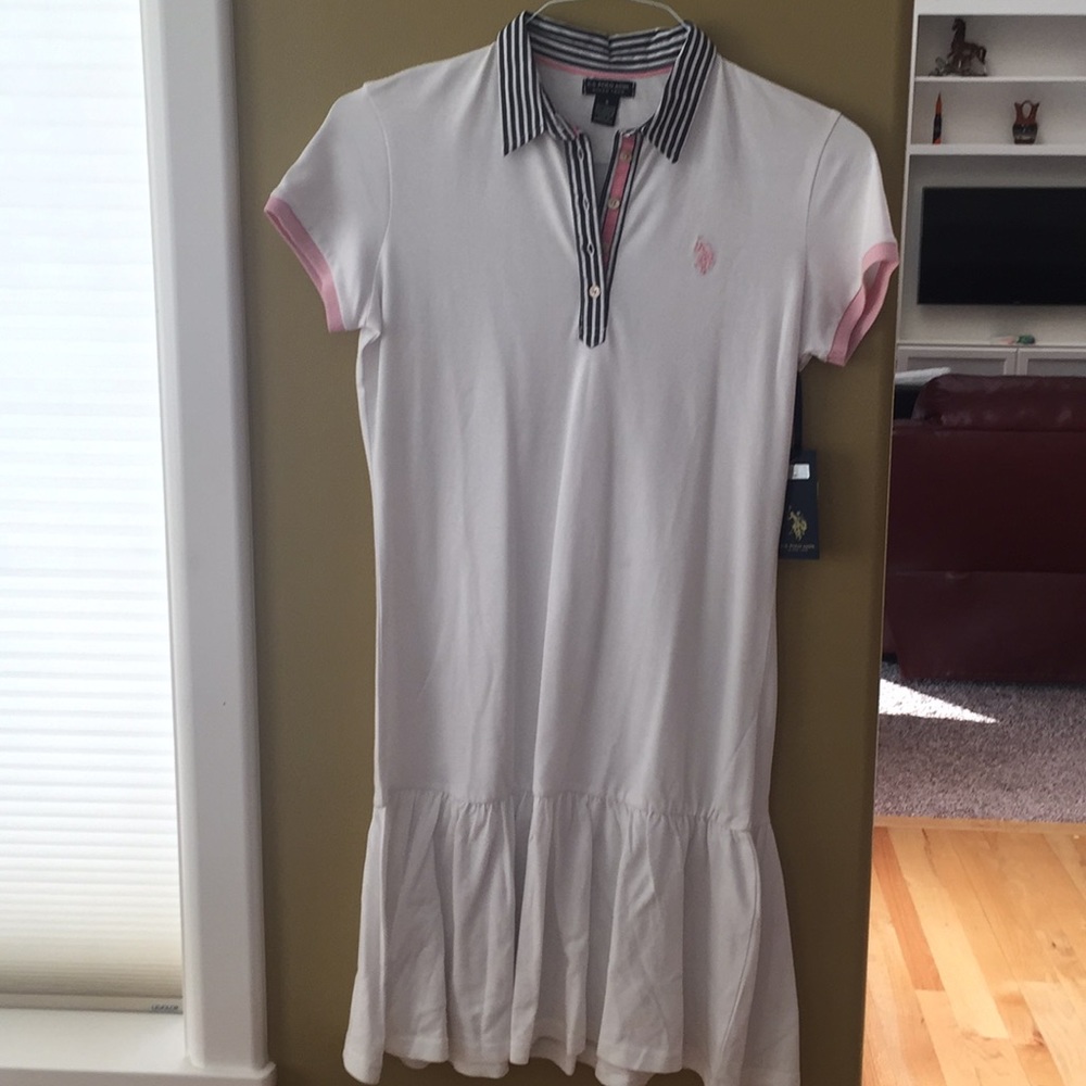 U.S. Polo Assn. White Midi Polo Dress with Pink Accents